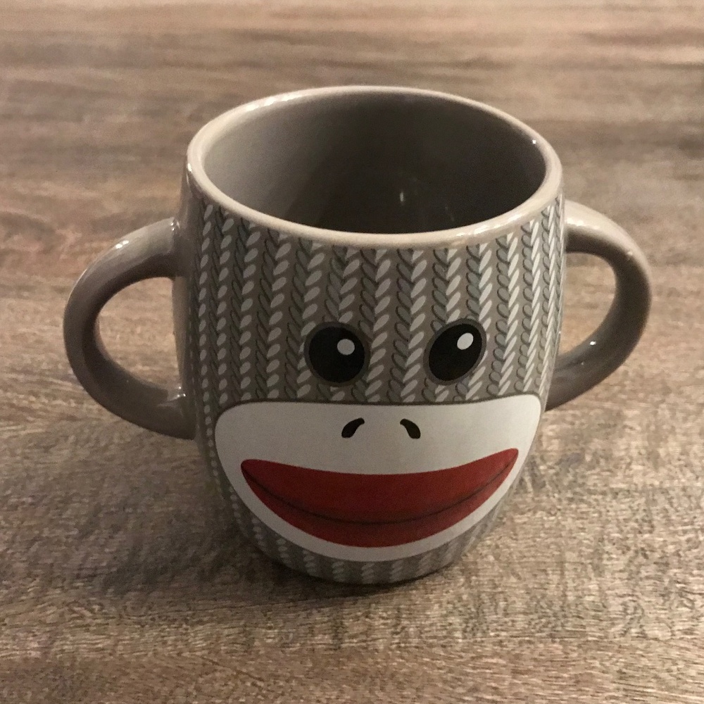 Gray double handle sock monkey mug by Galerie